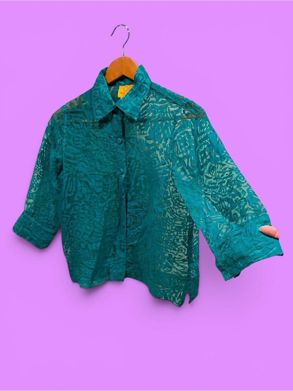 Cute Y2K teal squiggle burnout blouse sheer button front